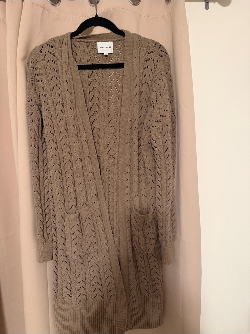Pink Rose: Taupe Open-Front Eyelet Knit Cardigan